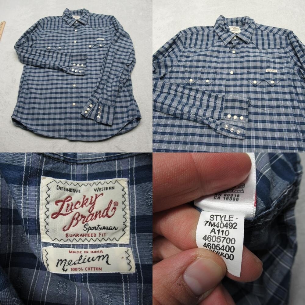 Lucky Brand Pearl Snap Shirt Men Medium Blue Plaid Shark Teeth Two Pocket VTG